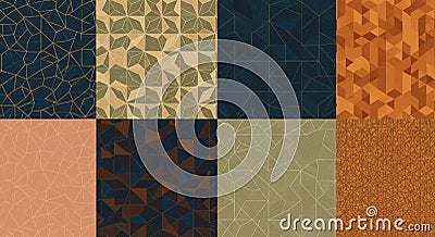 Nine rectangular patterns arranged in a grid, featuring geometric designs with a mix Stock Photo