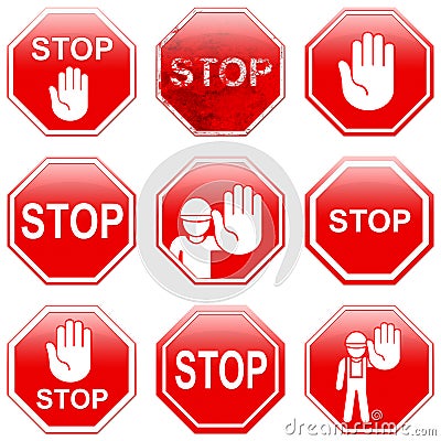 Nine red stop signs Stock Photo