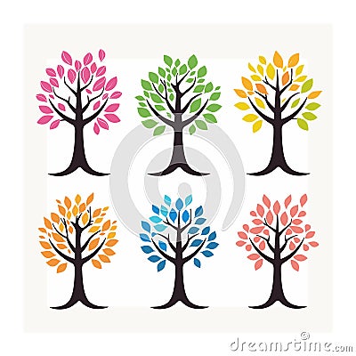 Nine stylized trees arranged three rows three columns, tree has differently colored. Seasons Vector Illustration