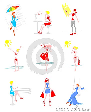 Nine stylized women Vector Illustration