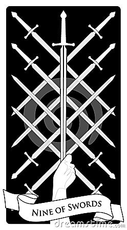 Nine of swords. Tarot cards. Eight crossed swords and a hand grasping a sword tip Stock Photo