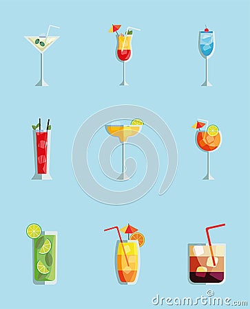 nine tropical cocktails Vector Illustration