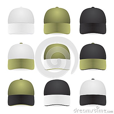 Nine two-color caps with white, khaki and black colors. Isolated on white Vector Illustration