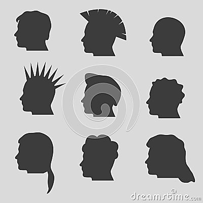 Nine types of man hair styles head silhouettes Vector Illustration