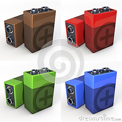 Nine volt battery, shown in copper, red, green and blue finish, set Stock Photo