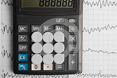 Tablets are on the calculator on background of electrocardiogram Stock Photo