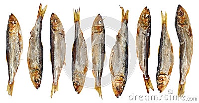 Nine whole hot smoked capelin saury sprat Baltic sea fish with heads and guts- traditional Lithuanian beer snack isolated Stock Photo