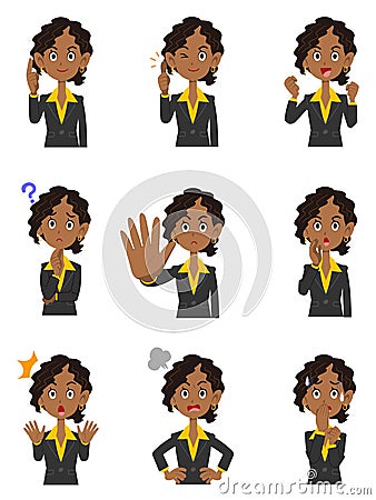 Nine women`s gestures and facial expressions of black women Vector Illustration