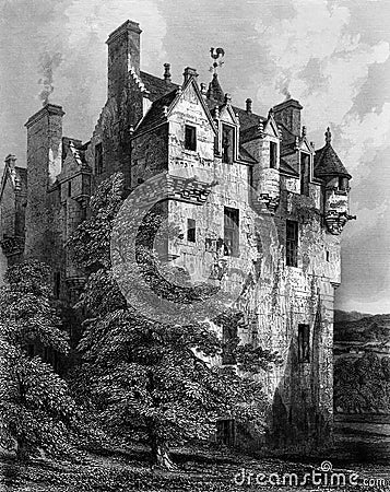 Old Illustration of Historic Scottish Castle Stock Photo