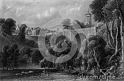 Old Illustration of Historic Bridge Landscape of Lowland Scotland Stock Photo