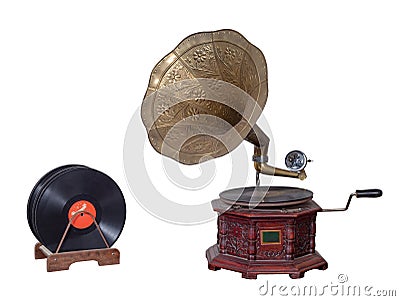 Nineteenth century phonograph gramophone and vinyl records isolated on white including clipping path Stock Photo