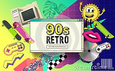 Nineties Retro Background With Objects And Patterns Vector Illustration