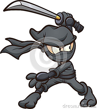 Ninja in black garb striking a pose with katana Vector Illustration