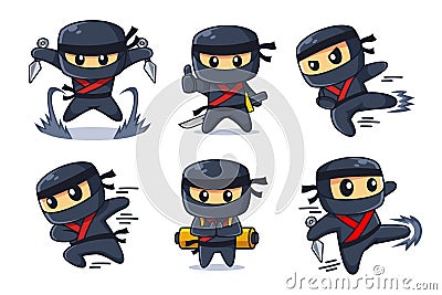 Ninja Cartoon Character in Various Poses Set Vector Illustration