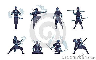 Ninja character. Fighting Japanese warrior with ancient weapon. Shinobi mascot standing in fight pose or meditating. Man Vector Illustration