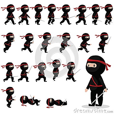 Ninja character sprites for games, animation. Vector Illustration