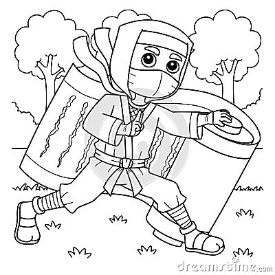 Ninja Holding a Big Scroll Coloring Page for Kids Vector Illustration