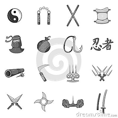 Ninja icons set, black monochrome style Cartoon Illustration
