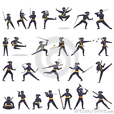 Ninja icons set, cartoon style Vector Illustration