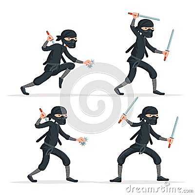 Ninja japanese secret assassin sword character set cartoon stealthy sneaking isolated on white vector illustration Vector Illustration