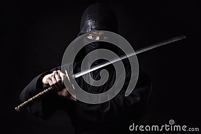 Ninja Japanese warrior in black. AI Generated Stock Photo