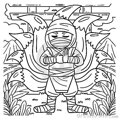 Ninja with Nine Tails Coloring Page for Kids Vector Illustration