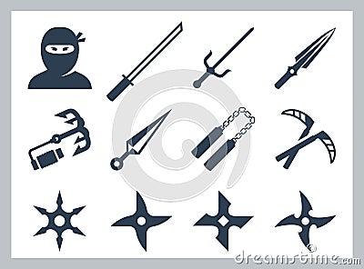 Ninja and ninja weapons icons Vector Illustration