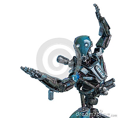Ninja robot in action in a white background close up Cartoon Illustration