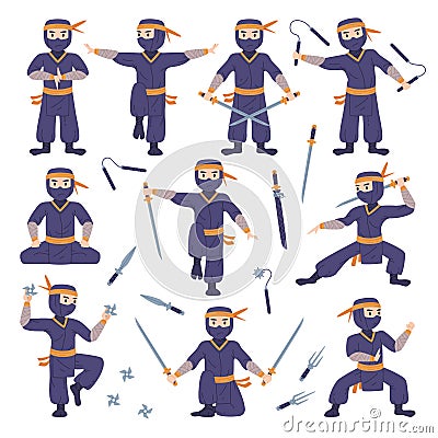 Ninja or Shinobi Character as Japanese Covert Agent or Mercenary in Shozoku Disguise Costume with Weaponry Vector Set Vector Illustration