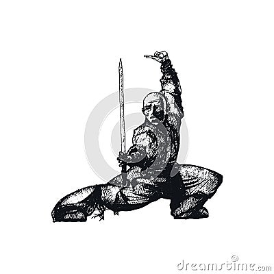 Ninja Soldier Male with Weapon Isolated on White Background Vector Sketched Illustration Vector Illustration