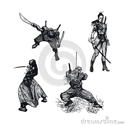 Ninja Soldiers with Weapons Isolated on White Background Vector Sketched Illustrations Set Vector Illustration