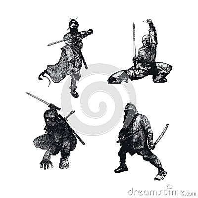 Ninja Soldiers with Weapons Isolated on White Background Vector Sketched Illustrations Set Vector Illustration