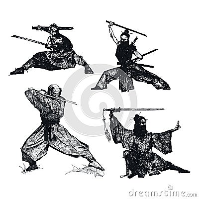 Ninja Soldiers with Weapons Isolated on White Background Vector Sketched Illustrations Set Vector Illustration