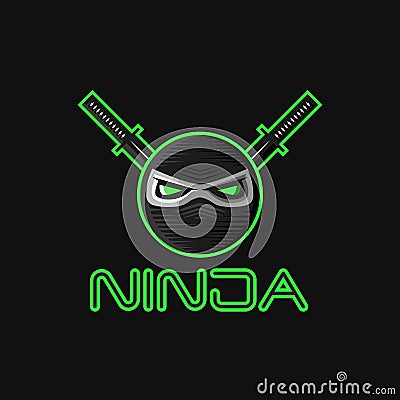 Ninja superhero mask logo for a sports team mascot, Japanese character warrior head with big green evil eyes and two katana swords Vector Illustration