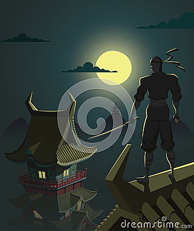 Ninja warrior on the roof ready for action Cartoon Illustration