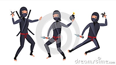 Ninja Warrior Vector. Black Suit. Showing Different Actions With Weapons. Isolated Flat Cartoon Illustration Vector Illustration