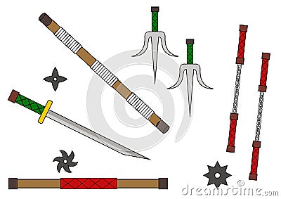 Ninja weapons icons set shuriken star, nunchaku, sword katana. Vector illustration of cartoon ninja weapons Cartoon Illustration