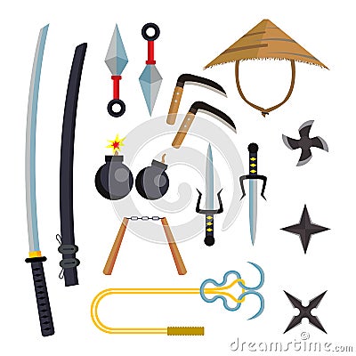 Ninja Weapons Set Vector. Assassin Accessories. Star, Sword, Sai, Nunchaku. Throwing Knives, Katana, Shuriken. Isolated Vector Illustration