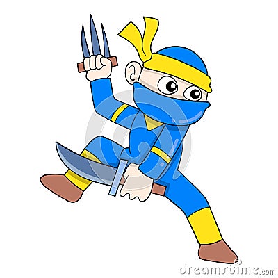 Ninjas in action wielding swords and sharp weapons, doodle icon image kawaii Vector Illustration