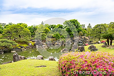 Ninomaru Garden with flowering azalea, Kyoto, Japan. Ninomaru-Garden is the garden of Nijo Castle, Stock Photo