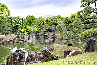 Ninomaru Garden with pines, pond and rocks, Kyoto, Japan. Ninomaru-Garden is the garden of Nijo Castle, Stock Photo