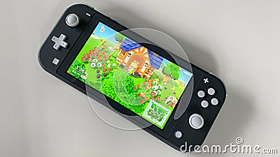 A Nintendo Switch Lite with the game Animal Crossing New Horizons running on it Editorial Stock Photo