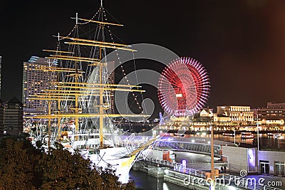 Nippon maru and Yokohama Cosmo World in Japan Editorial Stock Photo