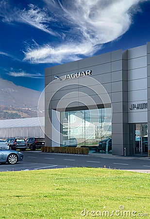 Jaguar, Land Rover showroom. Jaguar Land Rover is a British multinational car manufacturer Editorial Stock Photo