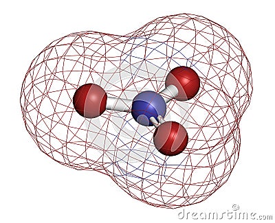 Nitrate anion, chemical structure. 3D rendering. Atoms are represented as spheres with conventional color coding: nitrogen (blue Stock Photo