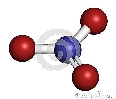Nitrate anion, chemical structure. 3D rendering. Atoms are represented as spheres with conventional color coding: nitrogen (blue Stock Photo