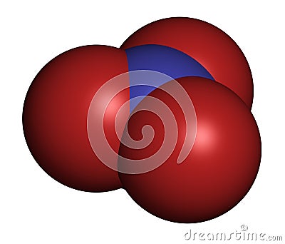 Nitrate anion, chemical structure. 3D rendering. Atoms are represented as spheres with conventional color coding: nitrogen (blue Stock Photo