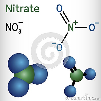 Nitrate anion molecule. Nitric acid salts containing this ion are called nitrates. Structural chemical formula and molecule mode Vector Illustration