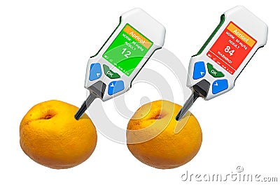 Nitrate testers with apricots. Measurement of nitrate levels in apricots, normal range and higher than norm. 3D rendering Stock Photo