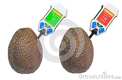 Nitrate testers with avocados. Measurement of nitrate levels in avocados, normal range and higher than norm. 3D rendering Stock Photo